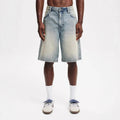 Men's loose straight-leg light blue denim jeans on a white background