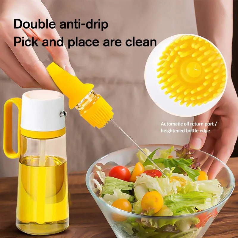2 in 1 oil dispenser with silicone brush, 550ml soda glass bottle, 304 stainless steel nozzle, yellow green brown
