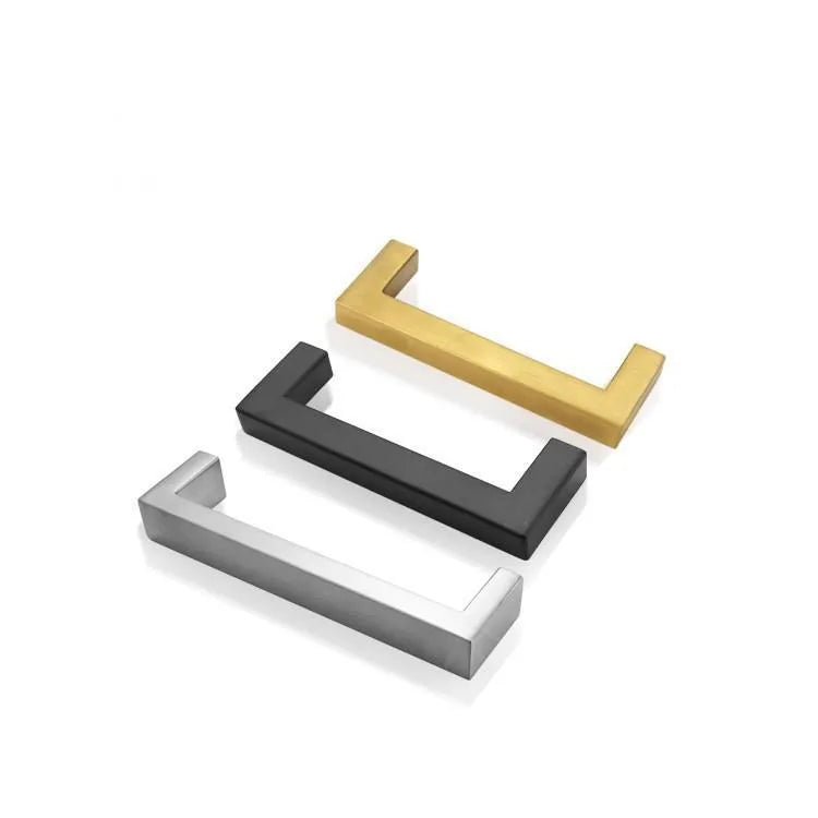 Stainless steel square pipe door handle for cabinets in brushed silver, black, or gold finish