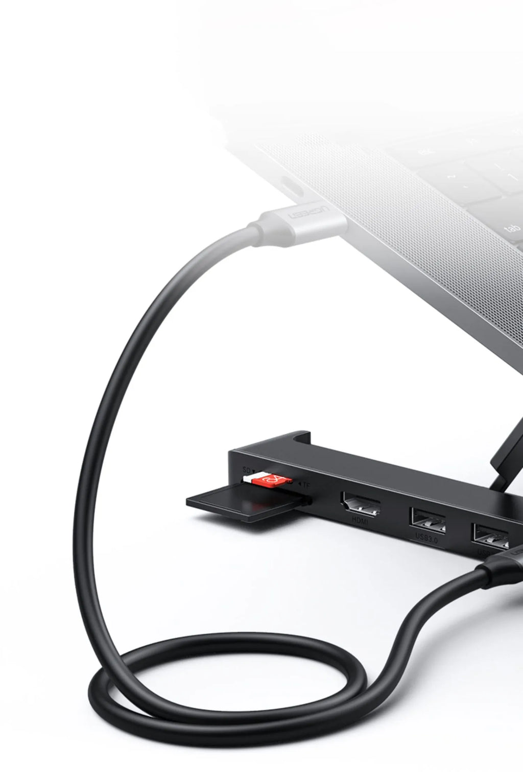 Aluminum alloy folding laptop cooling rack with built-in 5-in-1 hub featuring HDMI, USB3.0x2, Type-C, and card reader
