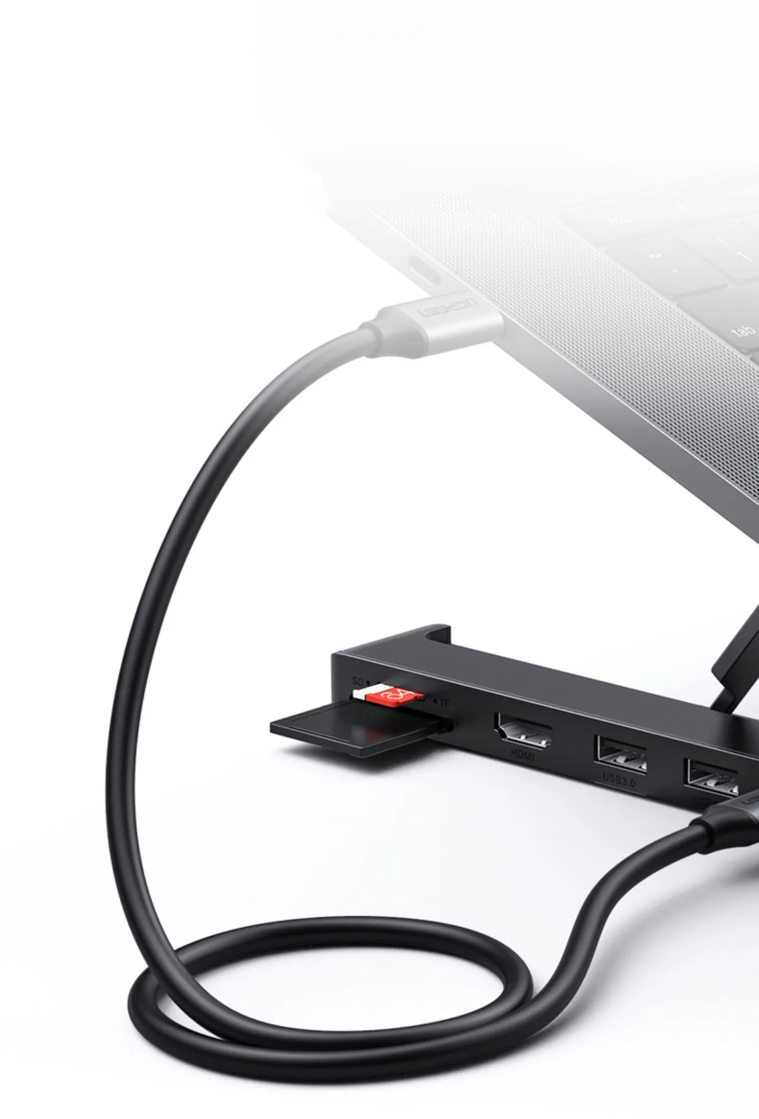 Aluminum alloy folding laptop cooling rack with built-in 5-in-1 hub featuring HDMI, USB3.0x2, Type-C, and card reader
