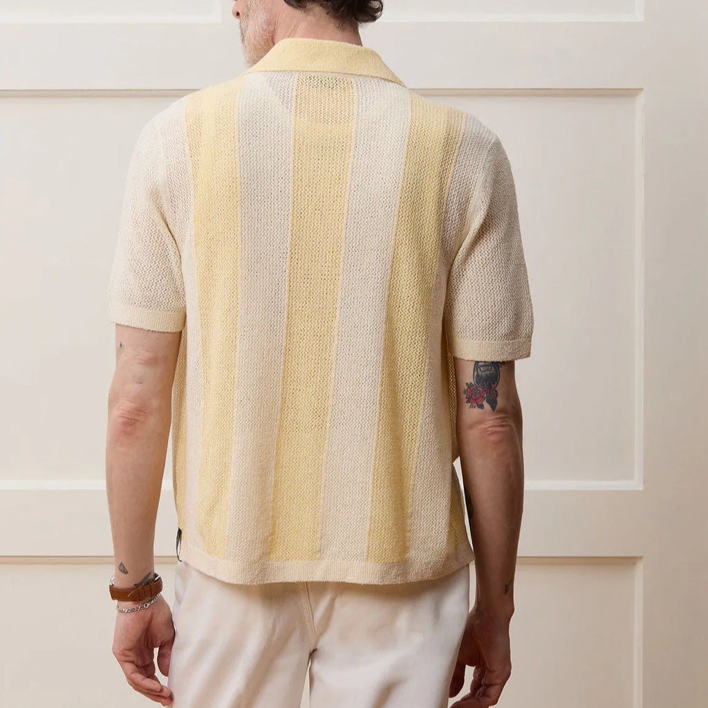 Bright yellow hollow-out short-sleeved polo shirt with asymmetrical design on Tencel fabric