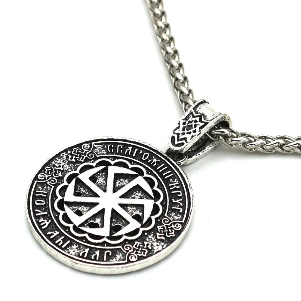 Lunavin ODing logo pendant necklace on a snake chain with leather rope, in antique silver finish.