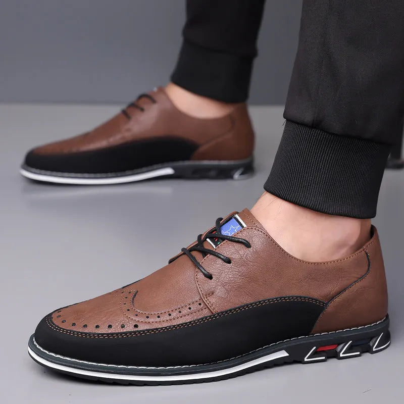 Men's low-top casual leather shoes with a fabric upper, leather toe cap, and rubber sole in orange colour.