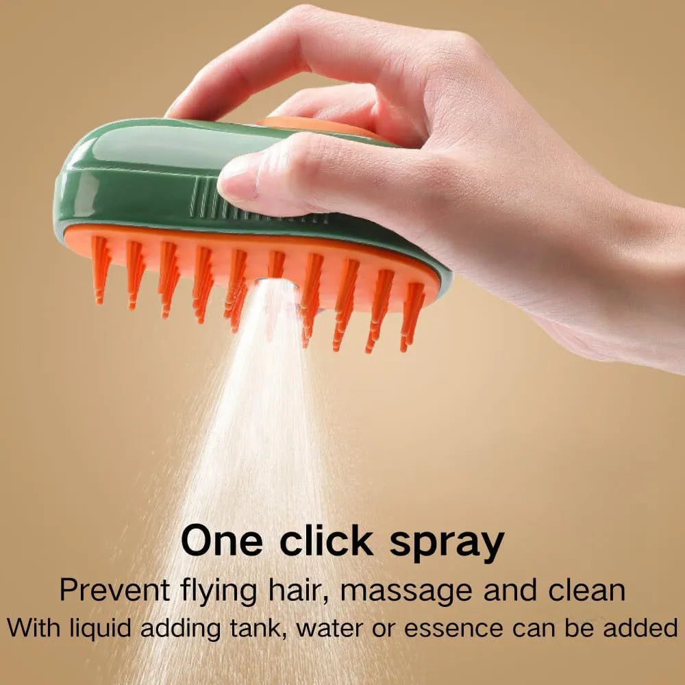 Green and white rechargeable cat steam brush with silicone teeth for grooming and massage.