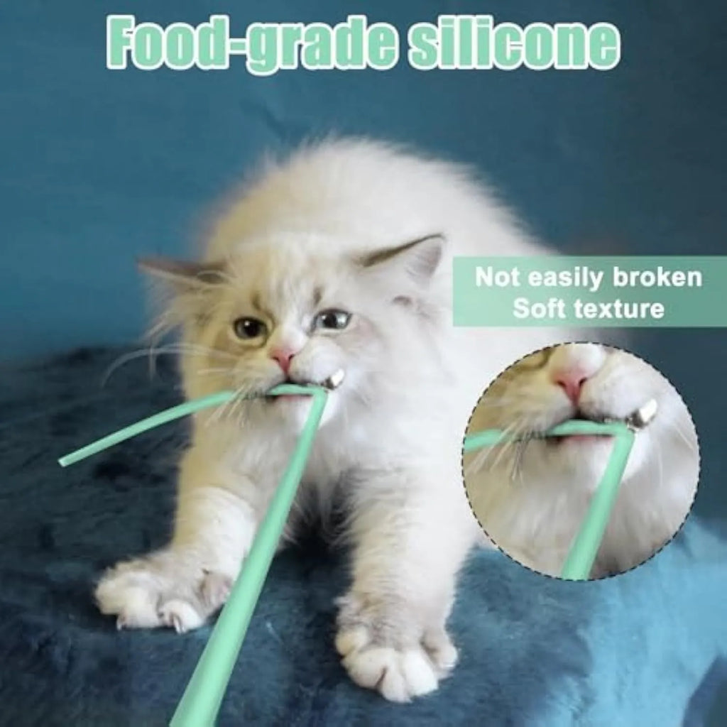 Green electronic cat wand toy with wiggling silicone tail for indoor cat play