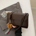 Brown women's PU leather Maillard shoulder bag with double straps and pendant accessory on horizontal square shape