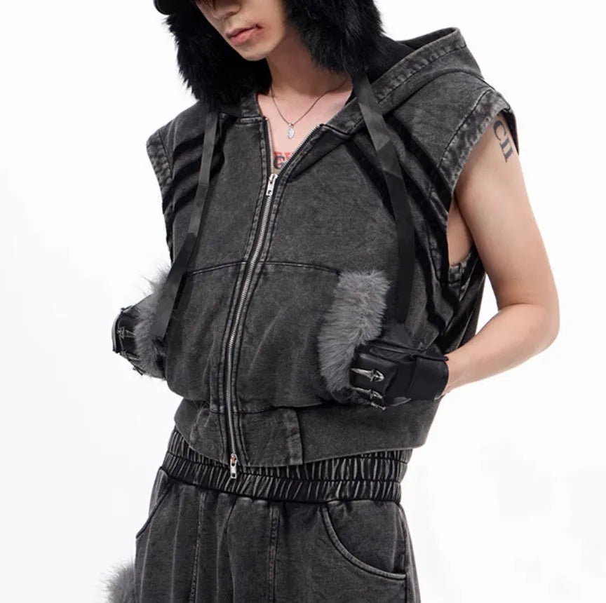 Stitching fur washed and worn sleeveless hooded tank top vest short Korean street style black and gray