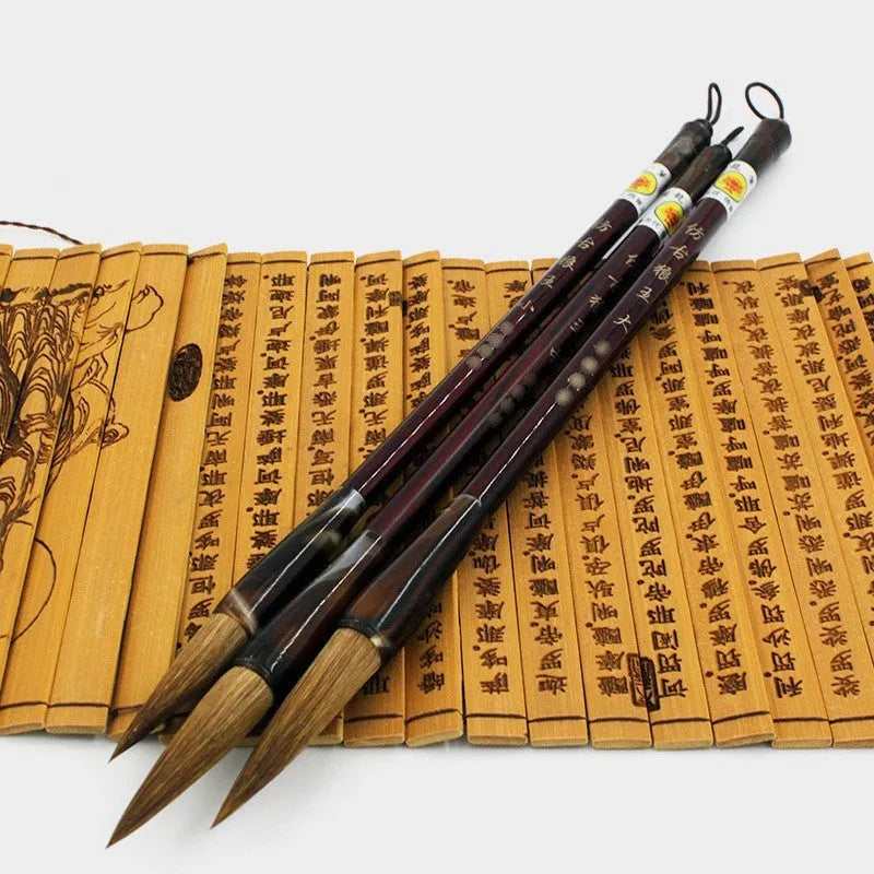 Traditional Chinese wolf hair calligraphy brush set with steel rod construction in three sizes