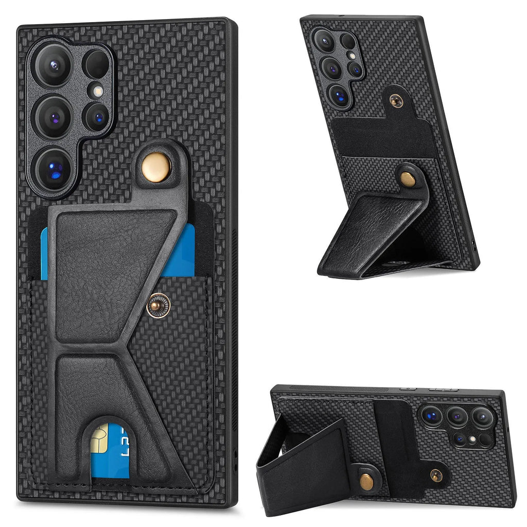 Samsung Galaxy phone case in black with card slot and kickstand, PU leather back cover
