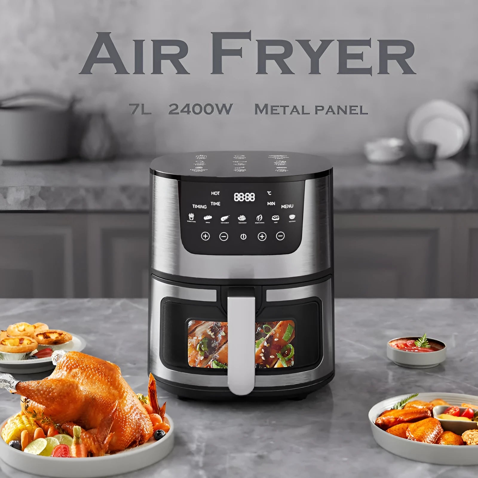 Stainless steel smart visual air fryer with 8-litre capacity and UK plug on countertop