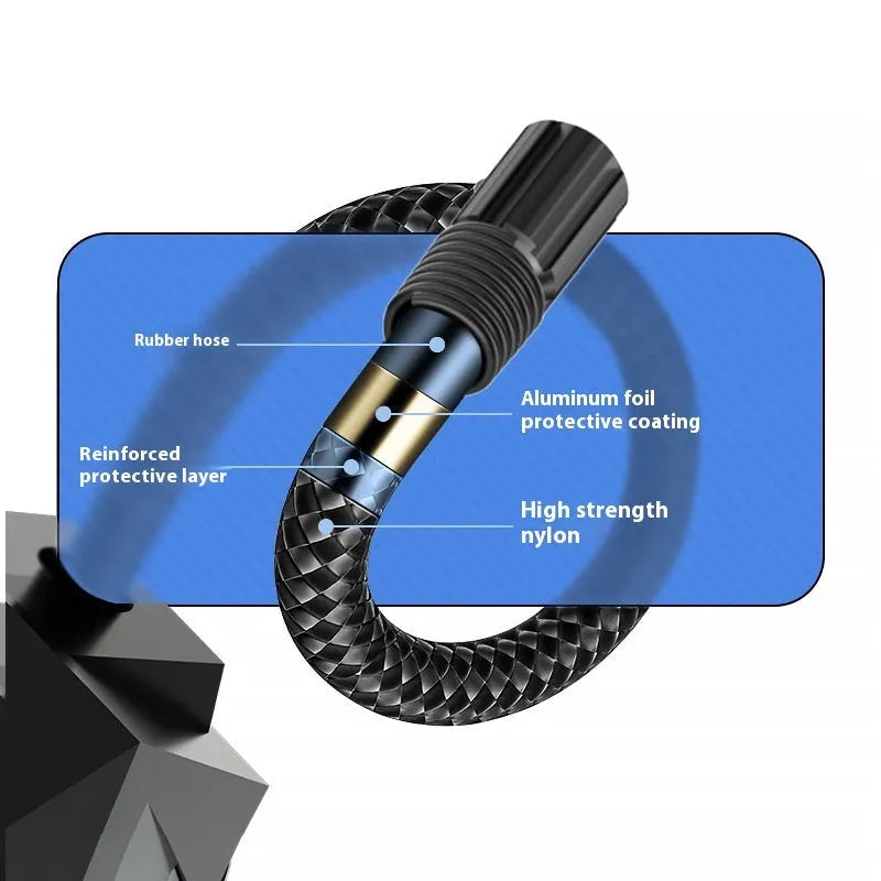 Black portable car tyre inflator with digital display and 12V power cable