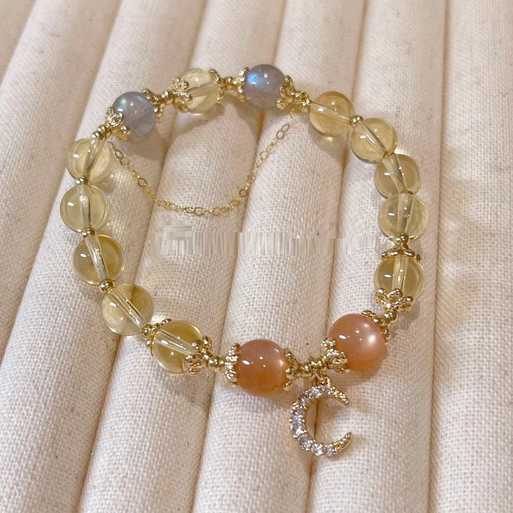 Chinese-style women's crystal bracelet with 14K gold electroplating and diamond-shaped citrine moon design