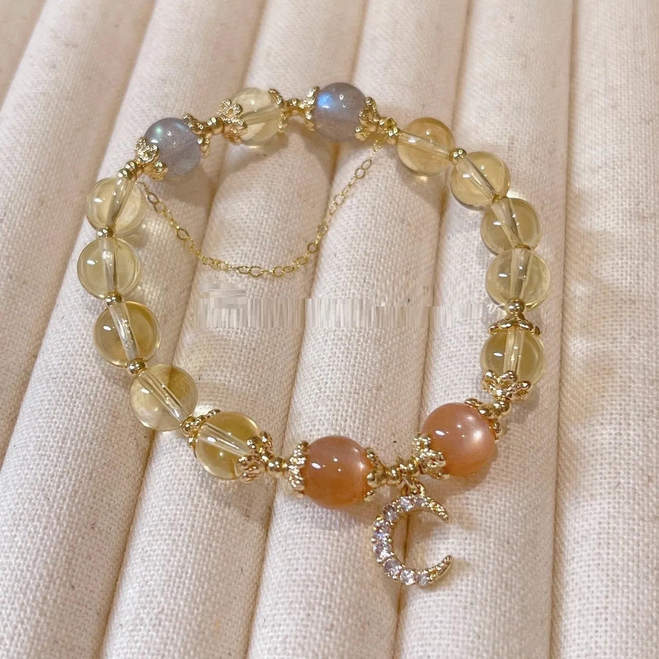 Chinese-style women's crystal bracelet with 14K gold electroplating and diamond-shaped citrine moon design