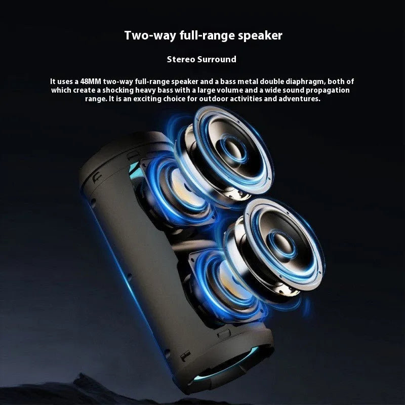 Black plastic portable Bluetooth speaker 50W with Type-C port, 80x80x180mm, on a flat surface