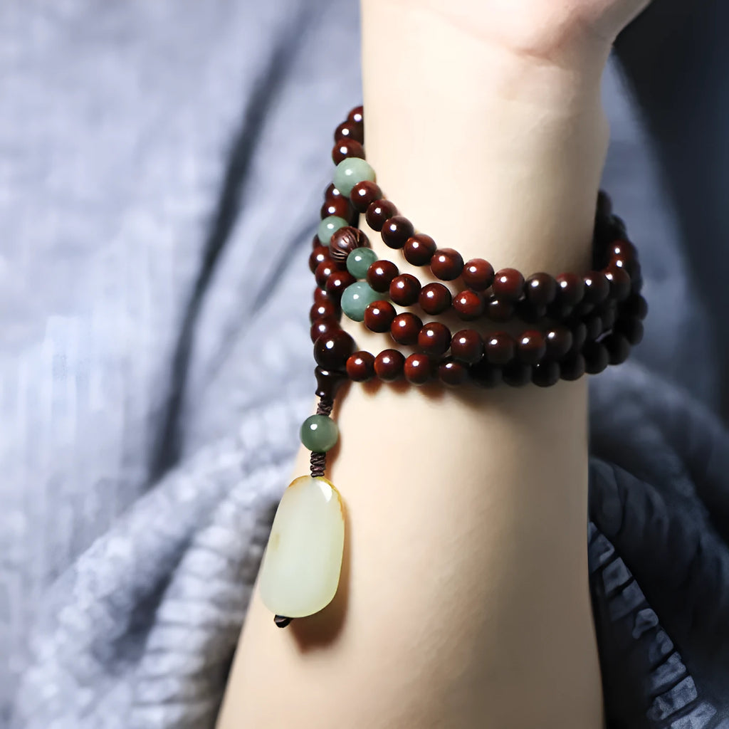 Carved rosewood bead bracelet with 6mm beads and Hotian jade pendant, unisex style