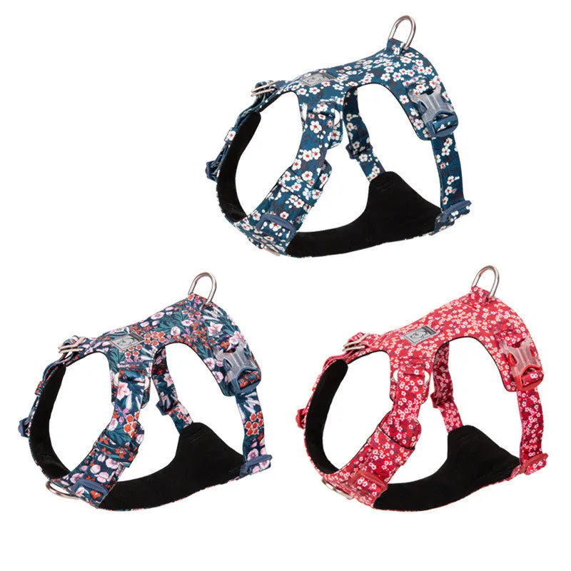 Floral pure cotton pet chest harness in flower red colour showing chest strap design