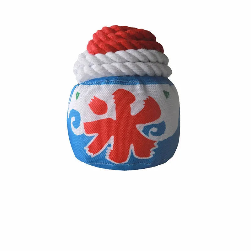 Ice cream coloured recycled cotton rope dog toy with bite knot, 13cm x 11cm