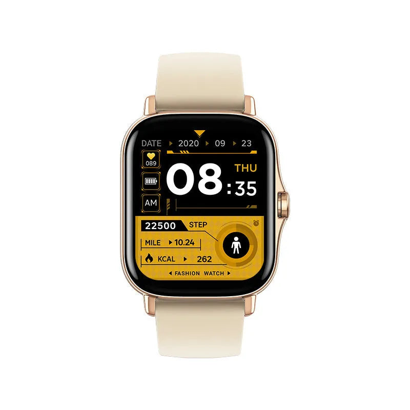 GT20 black and gold smartwatch with alloy case and silicone strap on wrist, showing touch screen interface.