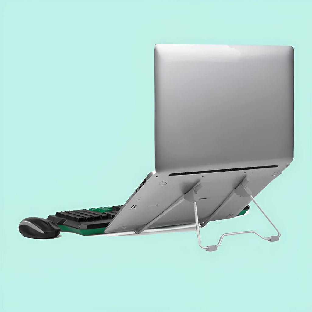 Grey aluminium alloy and engineering plastic mobile phone and laptop stand on a desk.