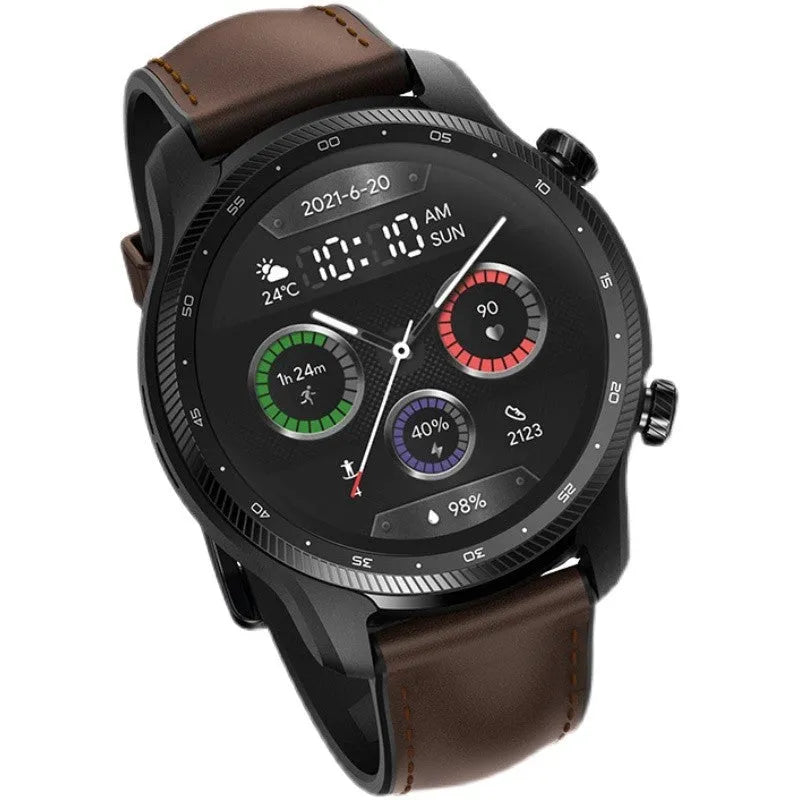 Ticwatch Pro X black smartwatch on wrist showing dual-layer display with time and heart rate.