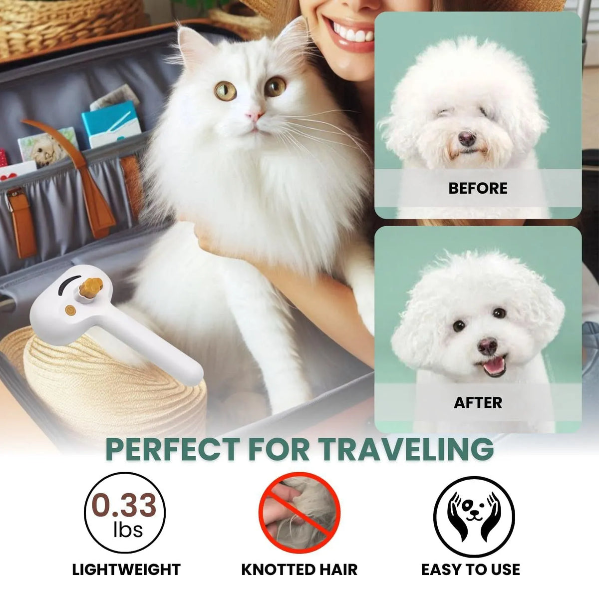 White water mist brush for dogs and cats with steel teeth, built-in water tank, and self-cleaning press for grooming.