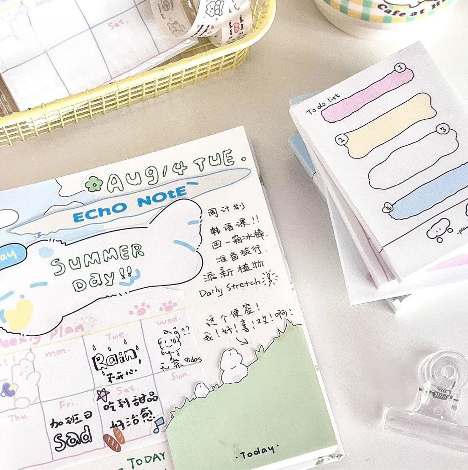 Cute cartoon hand account collage design sticky note pad in one of six styles, showing three size examples.