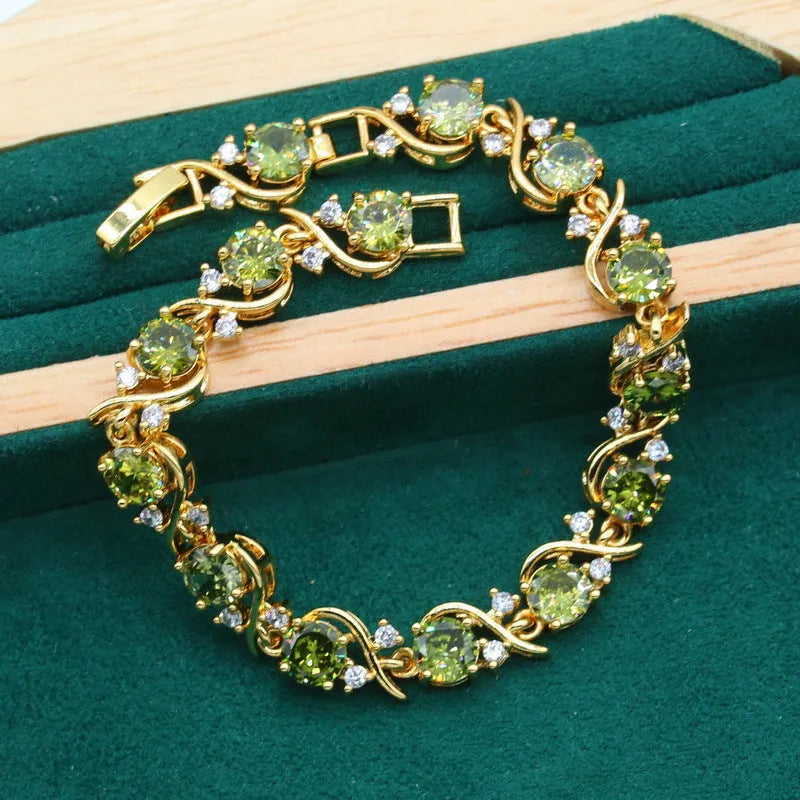 Women's full rhinestone zircon jewellery set with snake bone chain necklace, earrings and ring in olive green or red colour