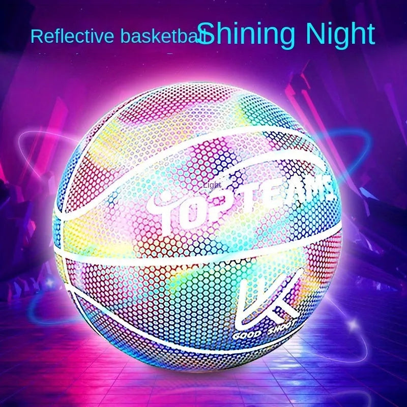 No. 7 size basketball with a holographic, luminous, and reflective patterned surface.