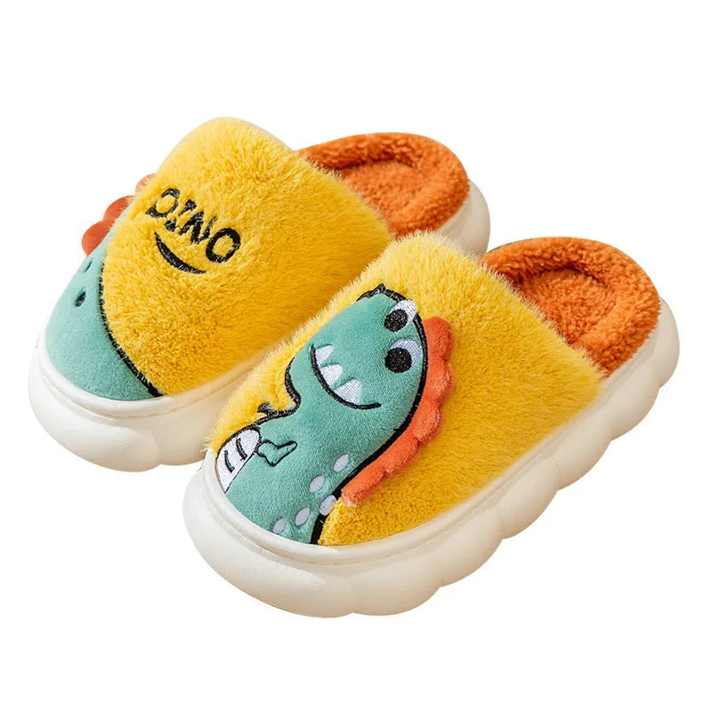 Cotton plush dinosaur pattern couple slippers in grey, coffee, and orange yellow colours