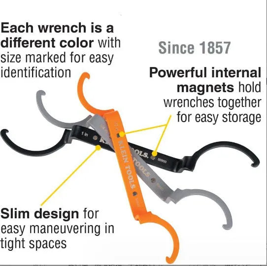 Crescent magnetic suction wrench three-piece set showing orange, grey, and black wrenches with different sizes