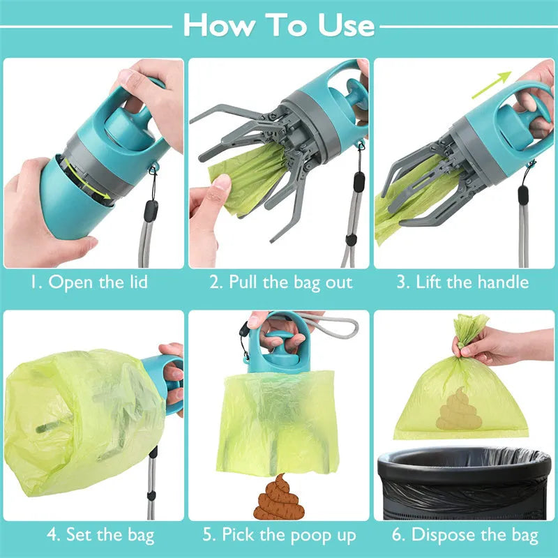 Blue plastic portable dog pooper scooper with built-in bag dispenser and eight-claw shovel