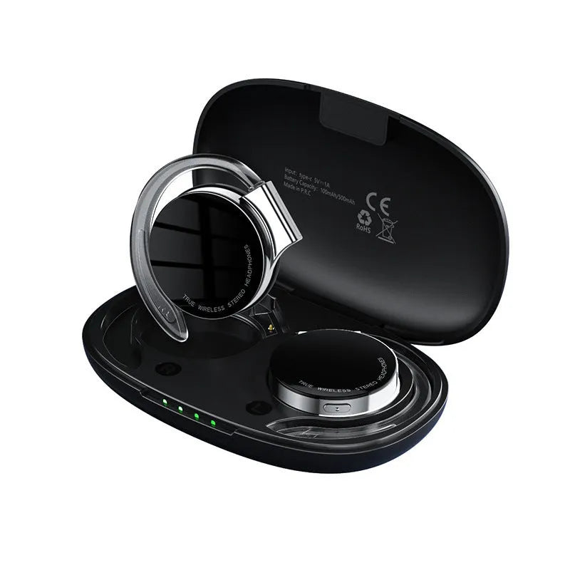 Black and white sports wireless Bluetooth earphones showing ear-plug design