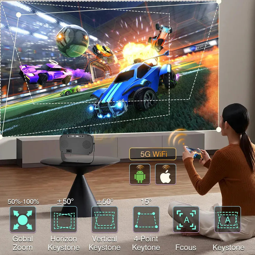 Black portable smart projector with remote control on table