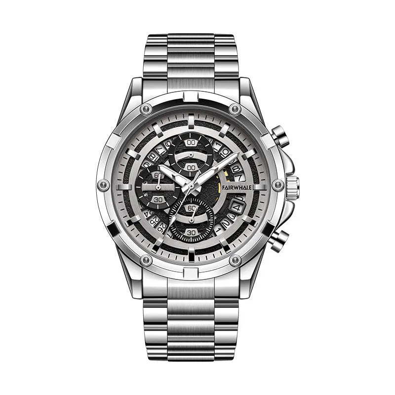 Men's waterproof quartz watch with luminous markers on stainless steel bracelet in three colour variations