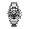 Men's waterproof quartz watch with luminous markers on stainless steel bracelet in three colour variations