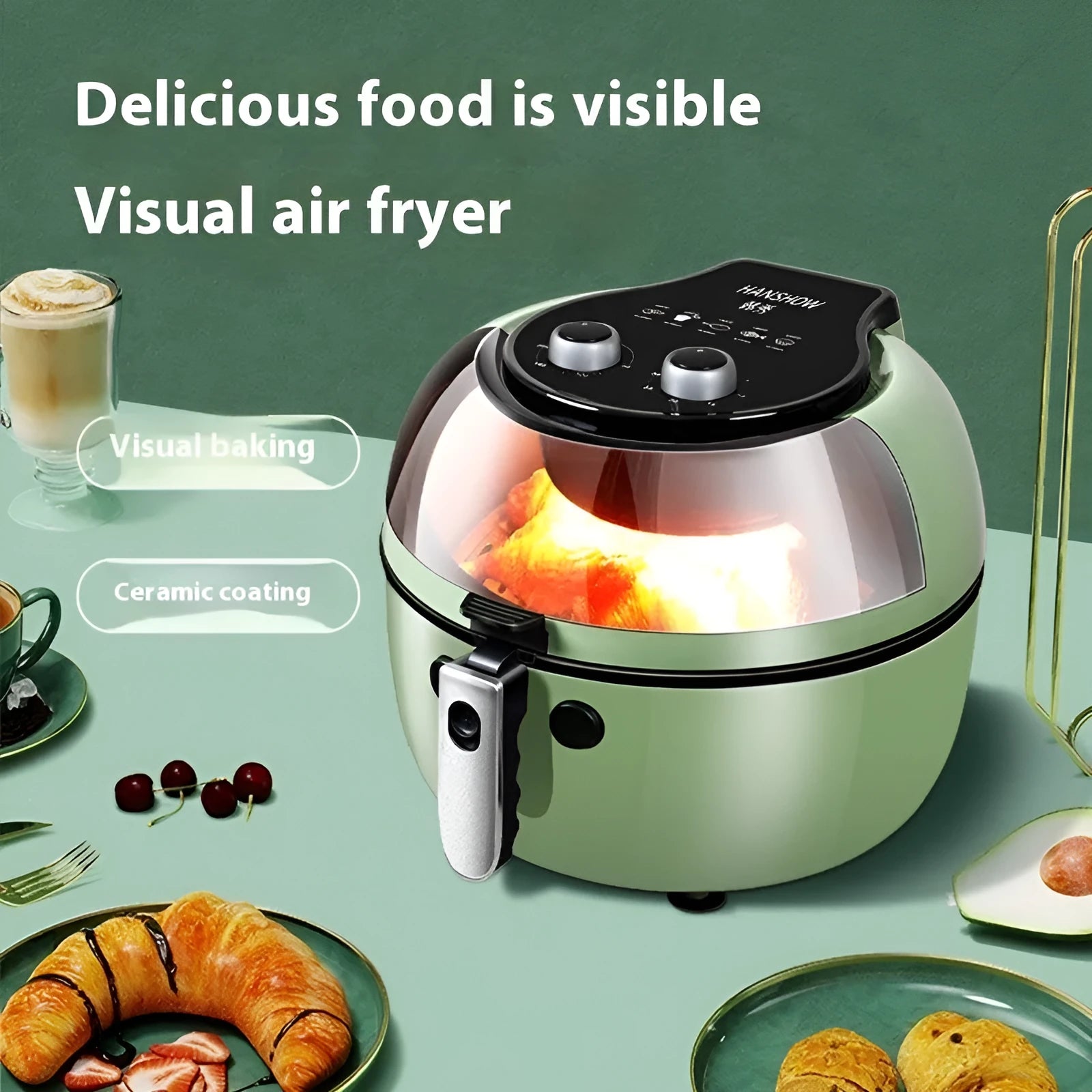 8-litre capacity air fryer oven with visible cooking window and mechanical button controls