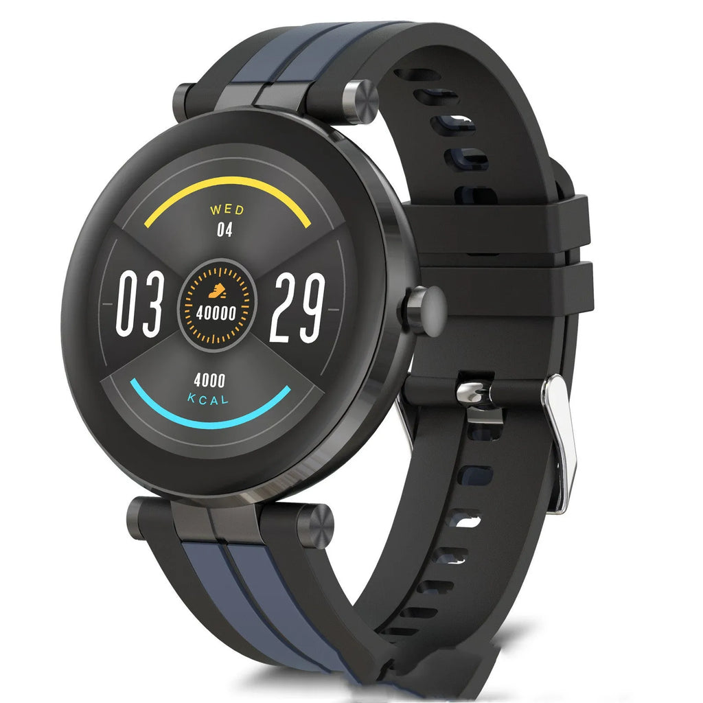 Smart watch with blood pressure monitoring on wrist showing 1.3 inch screen and silicone strap