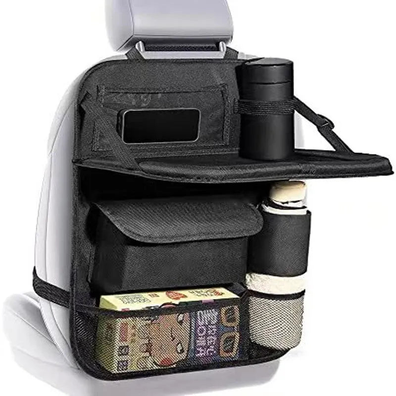 Black Oxford cloth car seat storage bag hanging on headrest with 42x30cm dimensions