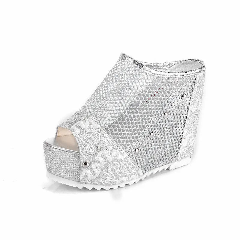 Women's black platform sandals with a hollowed-out chunky heel, mesh upper, and lace-up front.