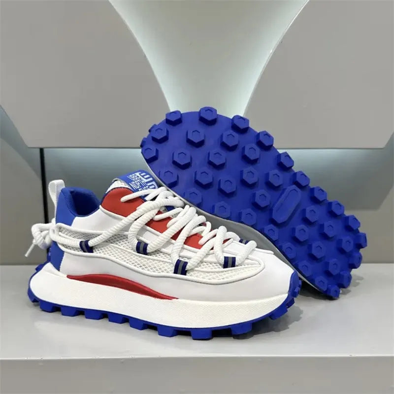 Thick sole height increasing board shoes in white, green, and blue, with mesh upper and rubber sole