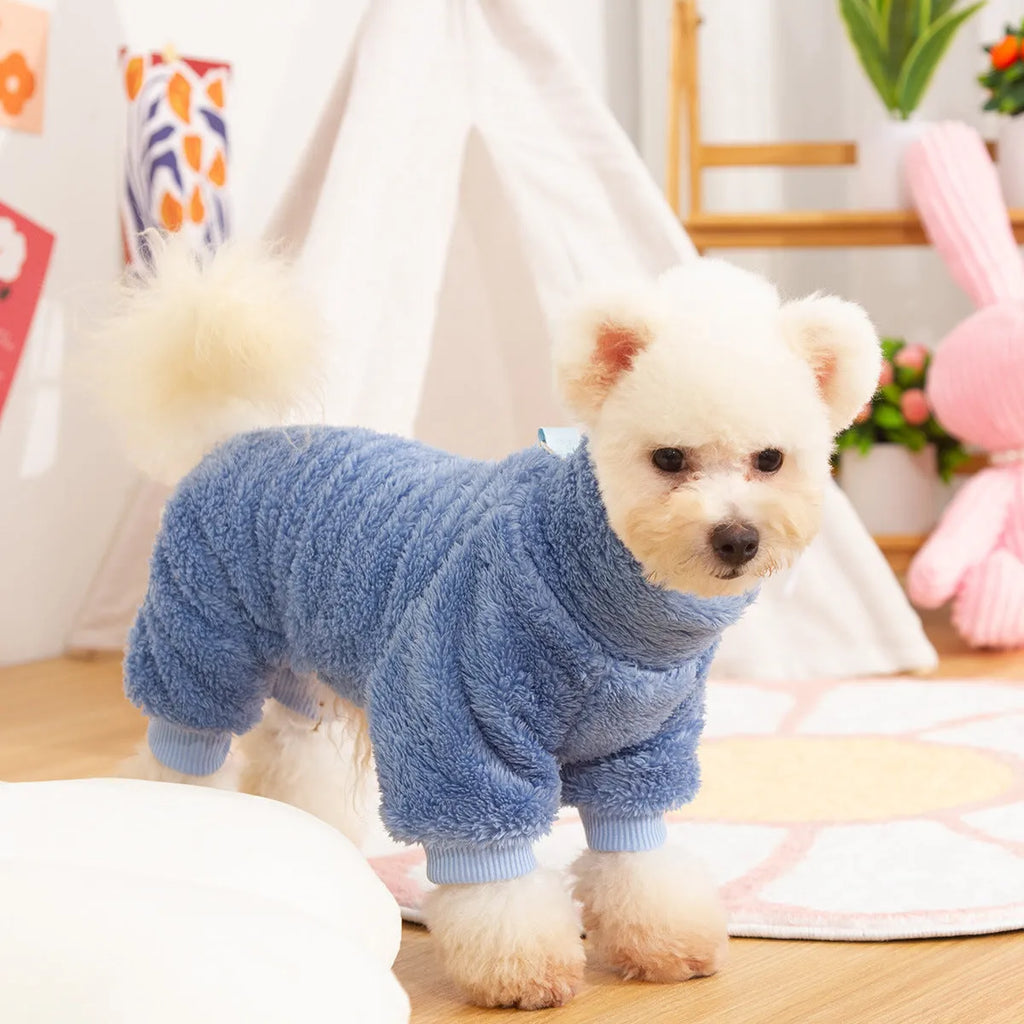 Khaki four-legged dog jumper with high collar and a towing ring on the back, made of thick plush fabric.