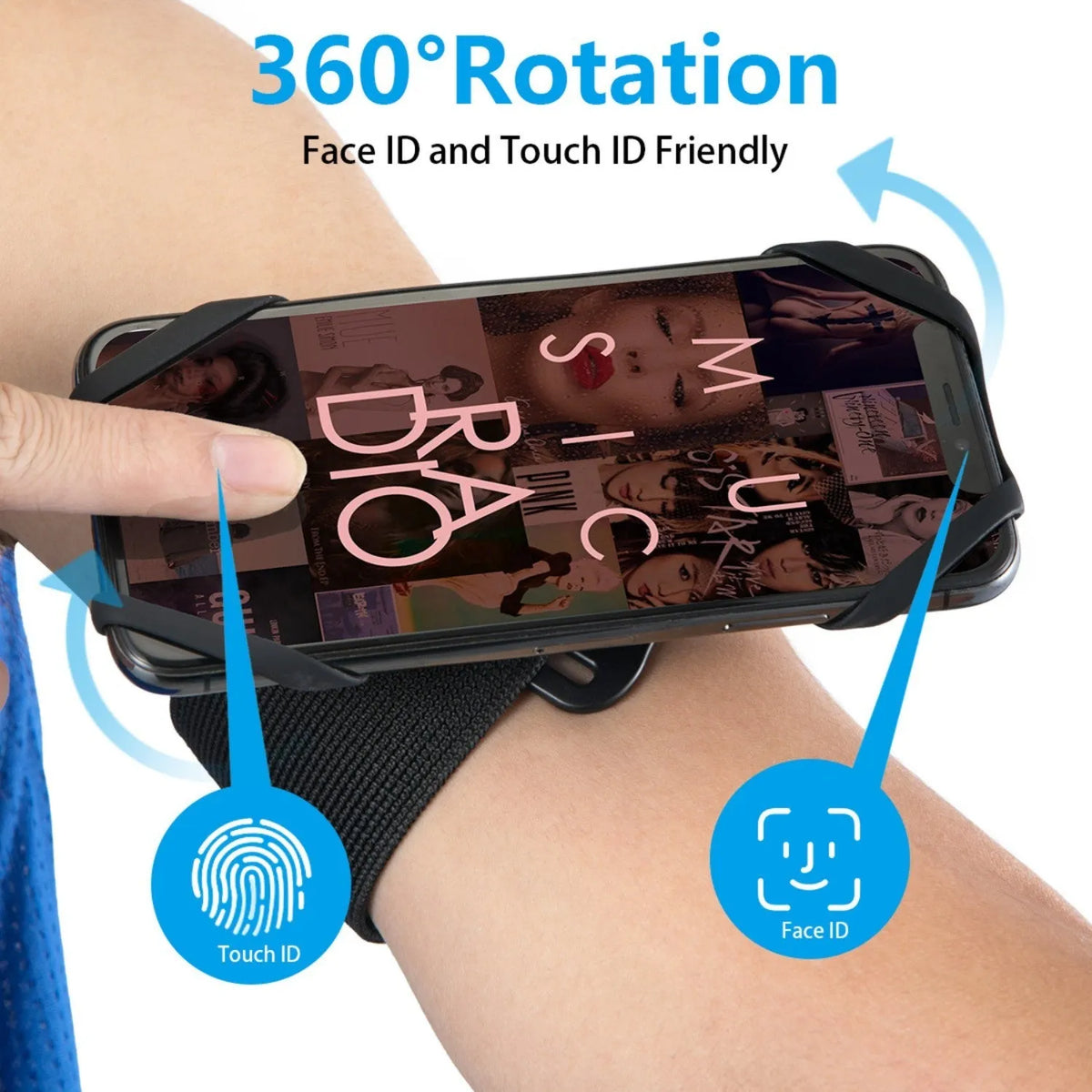 Black detachable swivel sports phone case with wrist strap, armband, silicone sleeve, and bicycle stand base