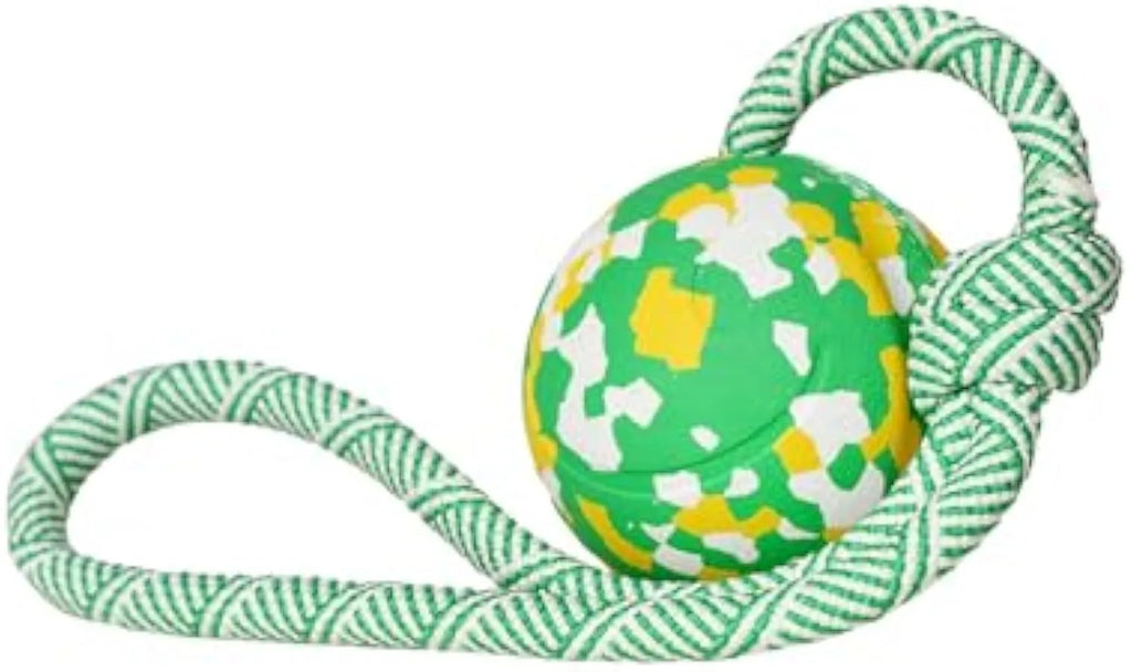 Natural rubber dog ball on nylon rope toy in L and S sizes for medium and small dogs