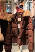 Casual style thermal cotton-padded coat with fur collar, zipped front, loose fit, available in black, brown, pink, white