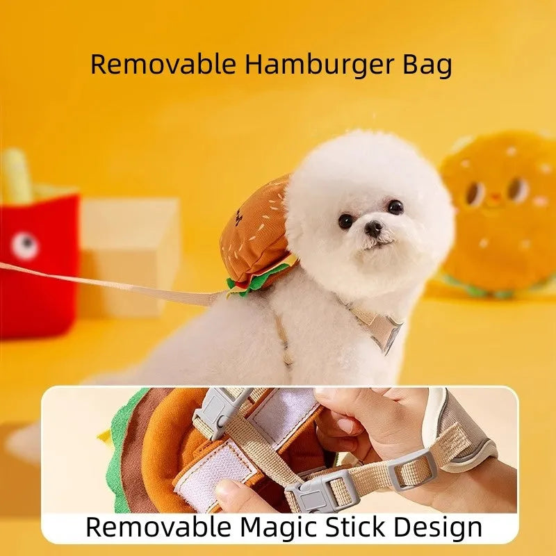 Cartoon hamburger print adjustable vest harness with backpack and leash for dogs or cats