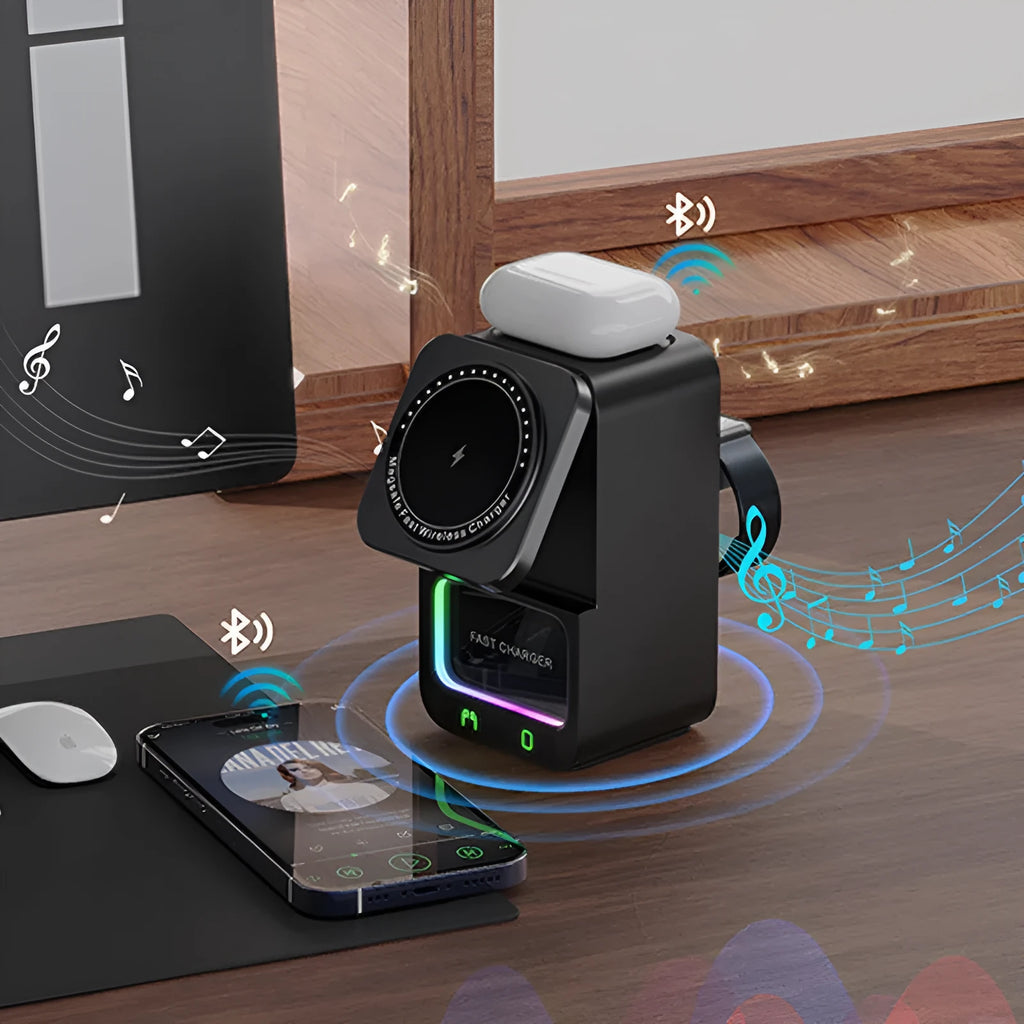 Wireless Bluetooth speaker with magnetic charging pad showing white and black colour options