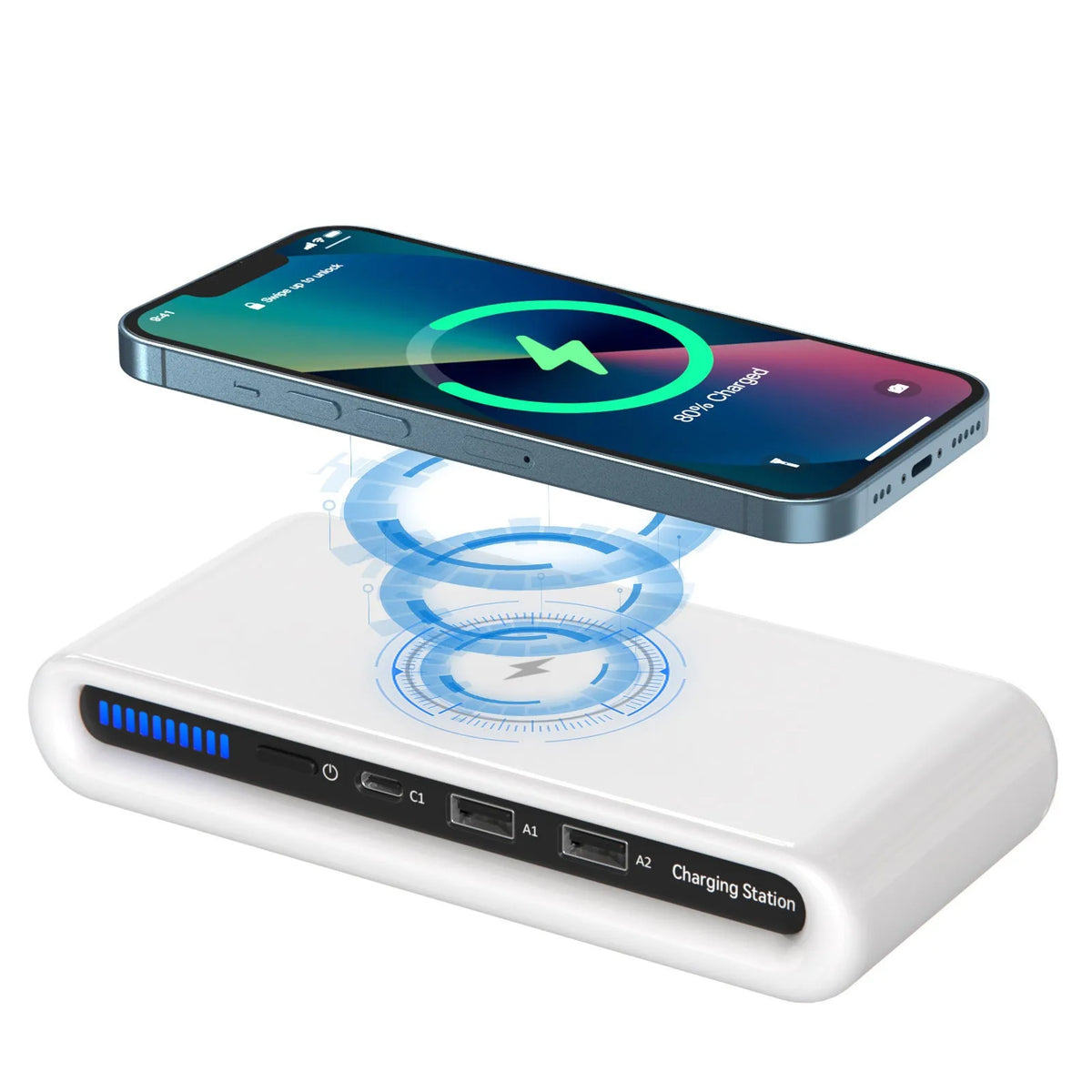 White desktop wireless charger with RGB atmosphere lighting showing phone charging on pad