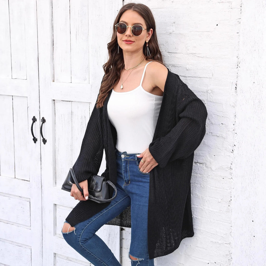 Women's loose fit acrylic sweater coat in solid colour with European styling