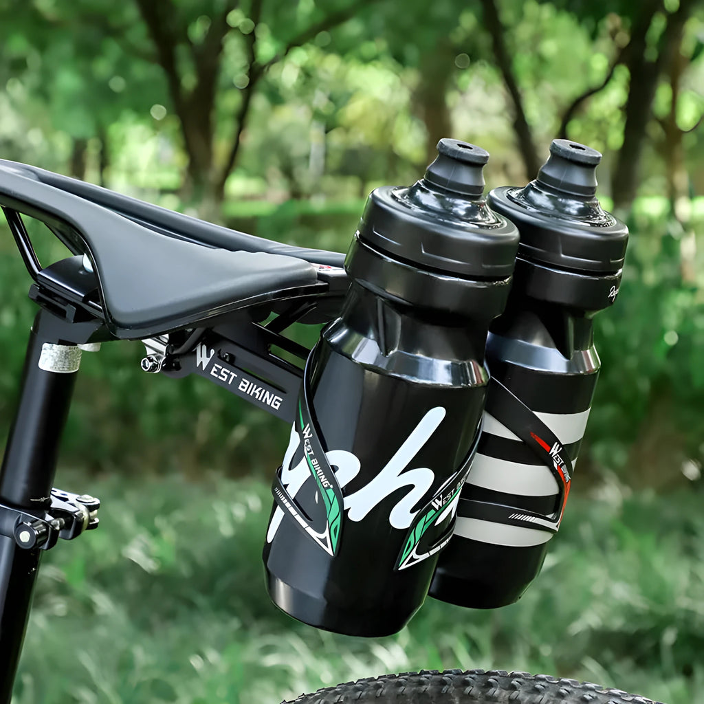 Black bicycle double water bottle cage extension bracket made of 6061 aluminium alloy with CNC anodised finish and adjustable angle